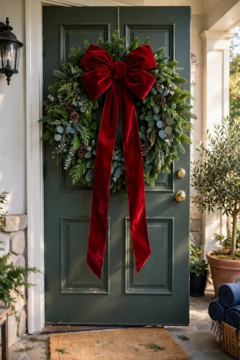 Velvet bow statement wreath with deep red velvet bow