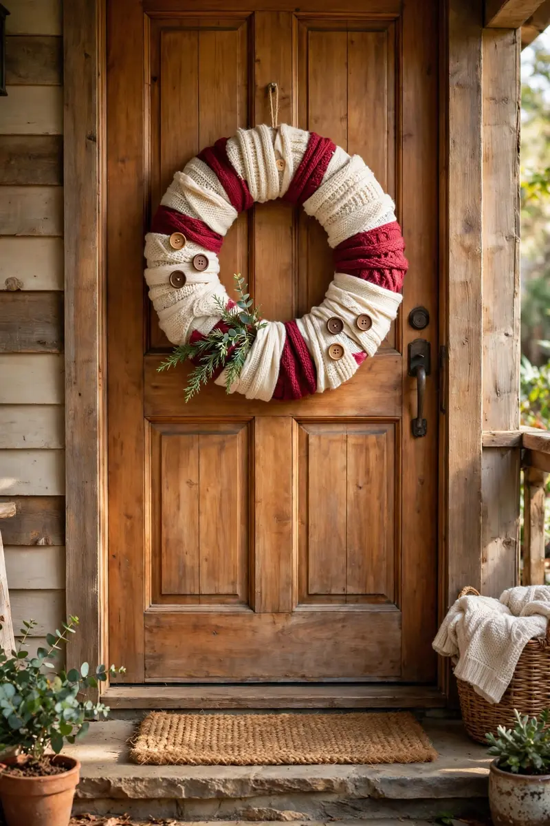 Upcycled sweater and fabric scrap wreath on a wooden door