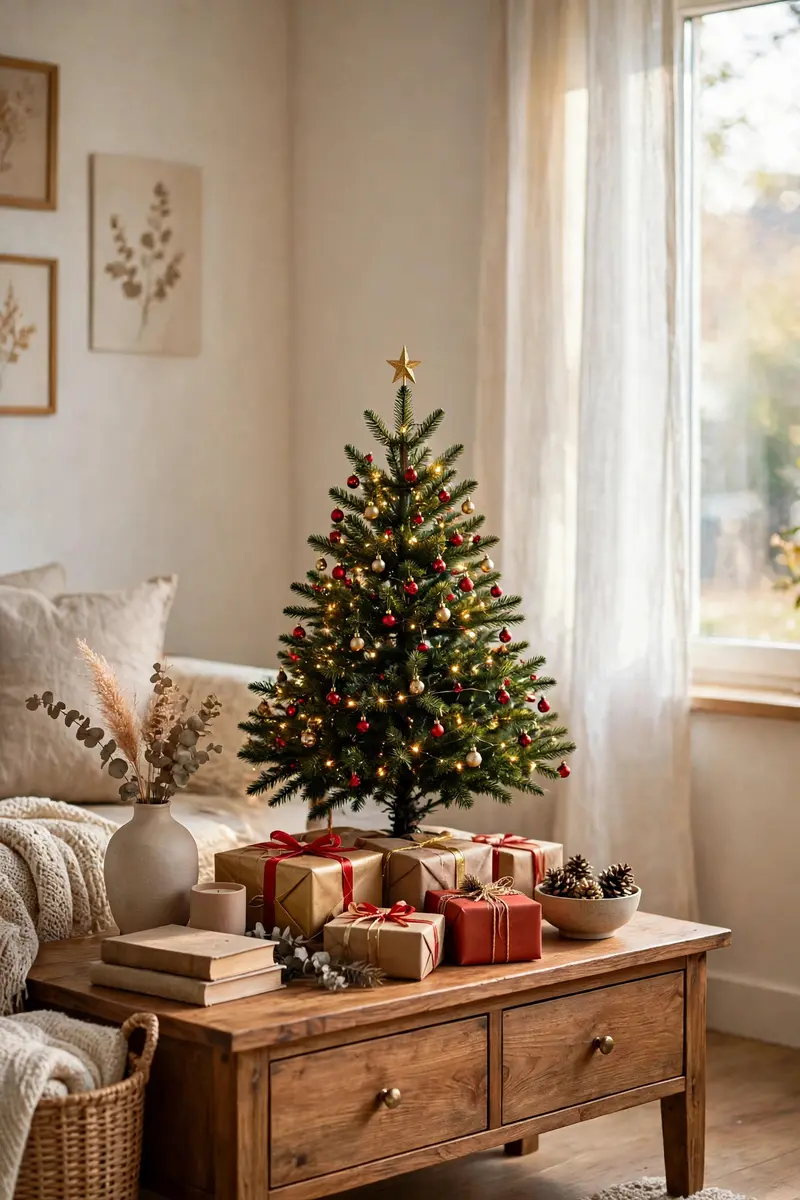 Small christmas tree decorating ideas — classic red and gold tabletop tree