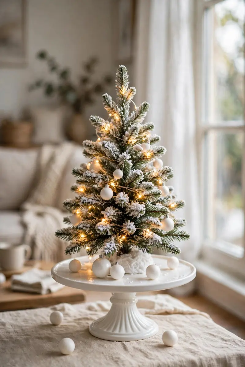 Small christmas tree decorating ideas — flocked mini tree with white lights