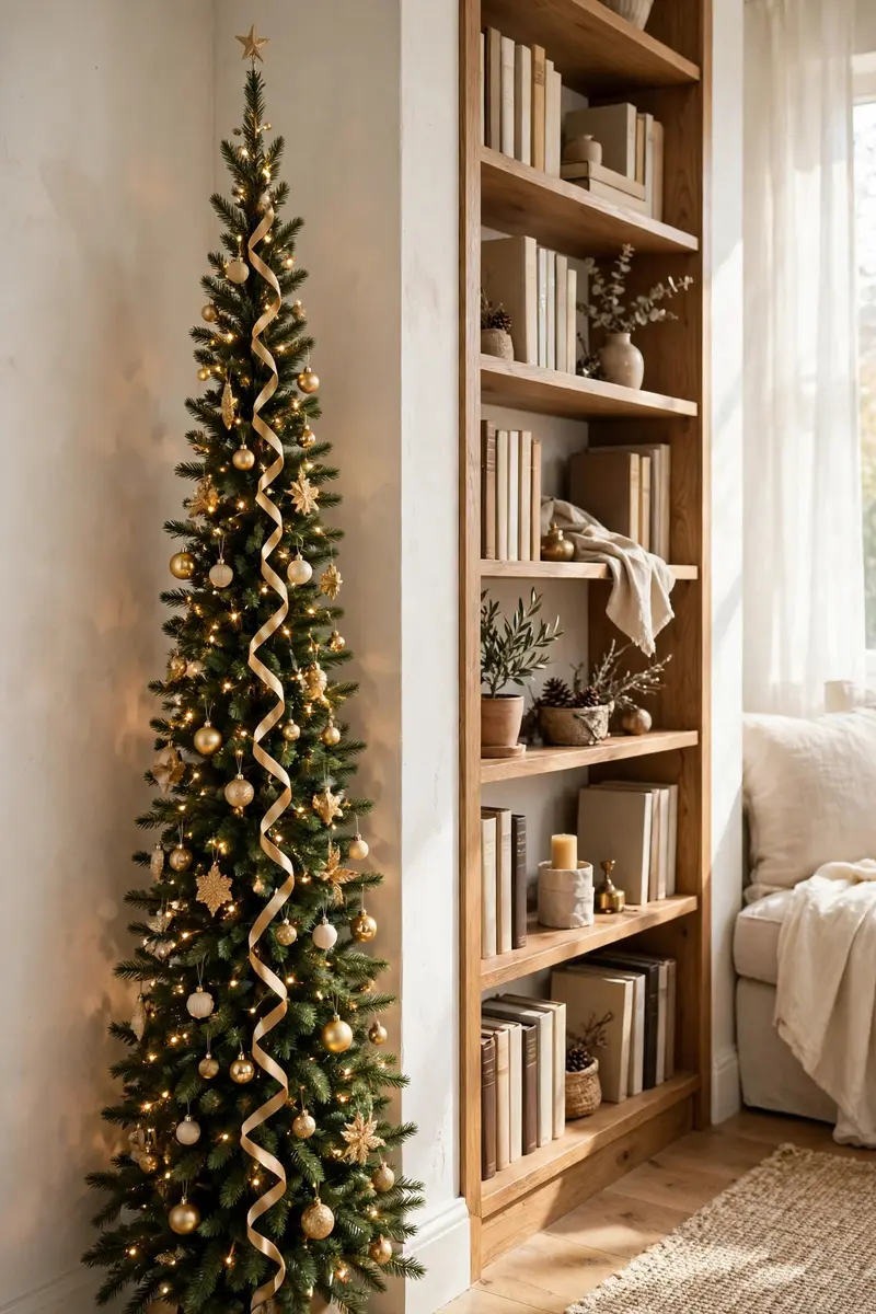 Small christmas tree decorating ideas — slim pencil tree in a tight corner