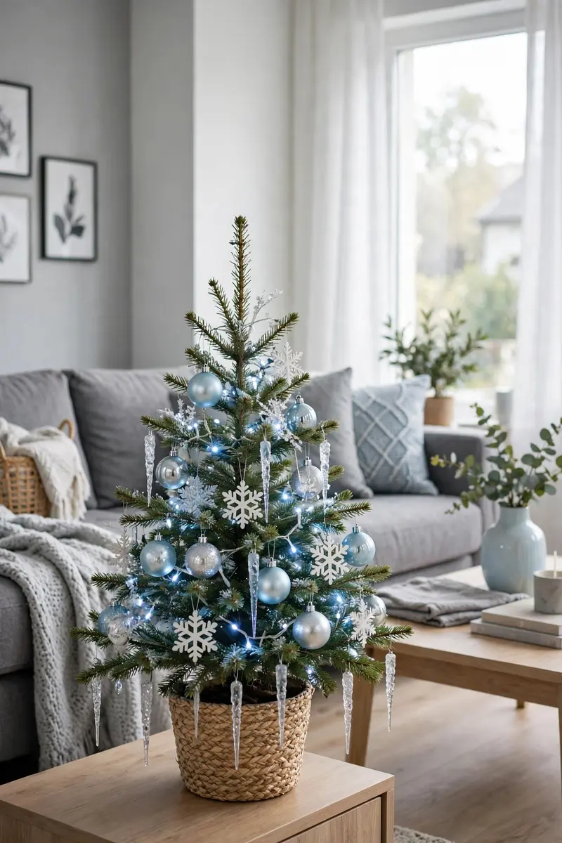 Small christmas tree decorating ideas — Blue and silver winter wonderland tree
