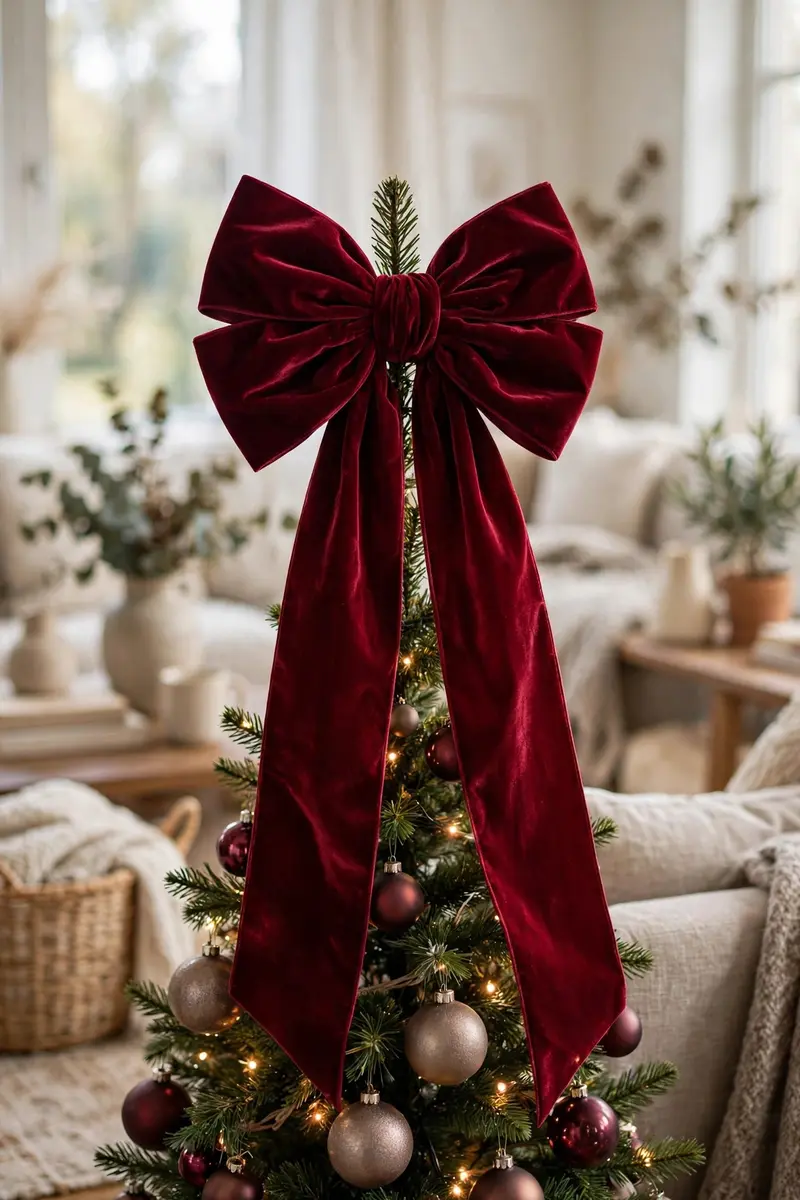 Small christmas tree decorating ideas — Burgundy velvet bow-topper tree