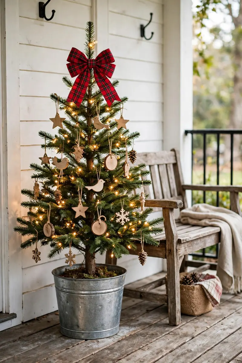 Small christmas tree decorating ideas — Farmhouse tree in a galvanized bucket