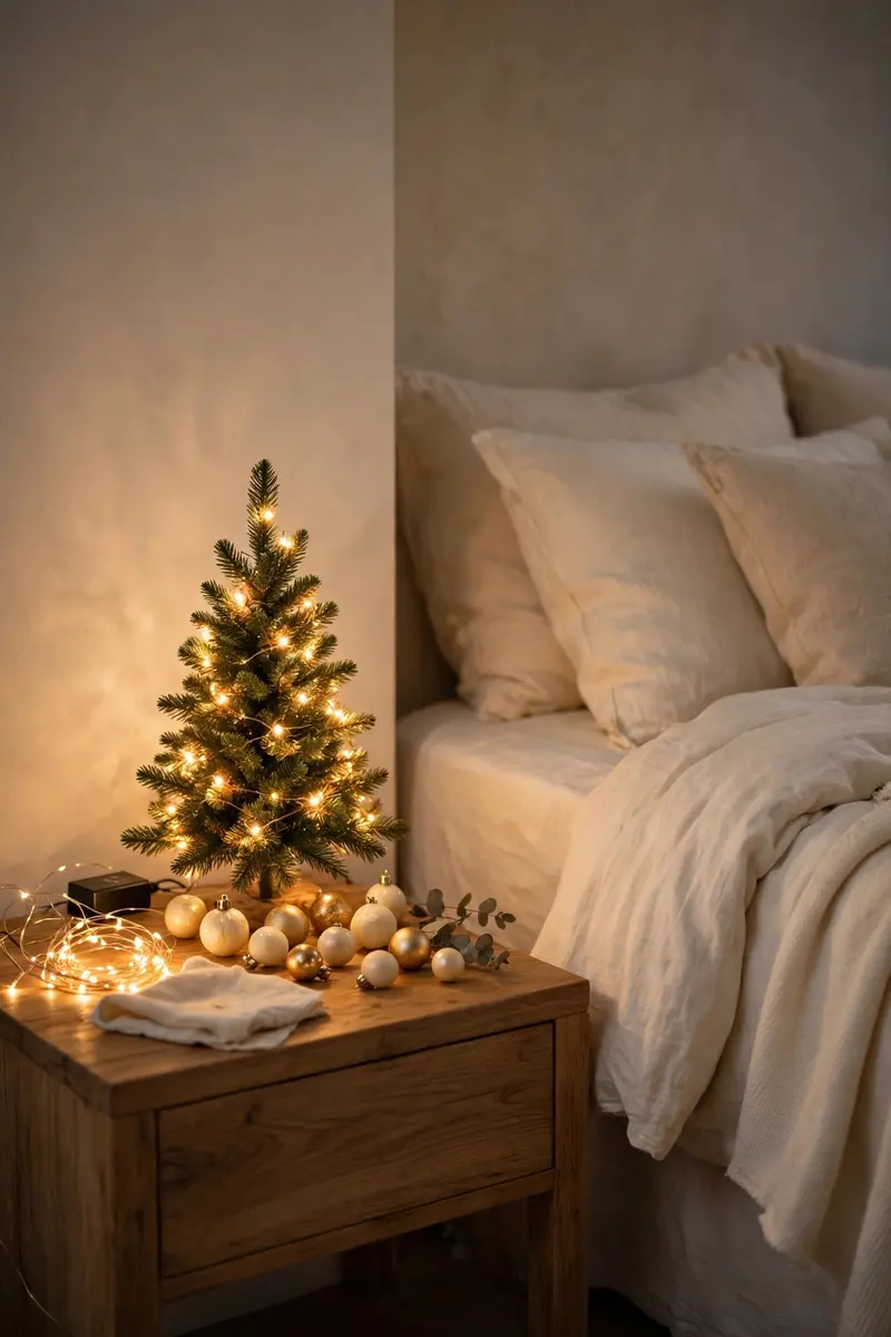 Small christmas tree decorating ideas — Bedside mini tree for cozy nights