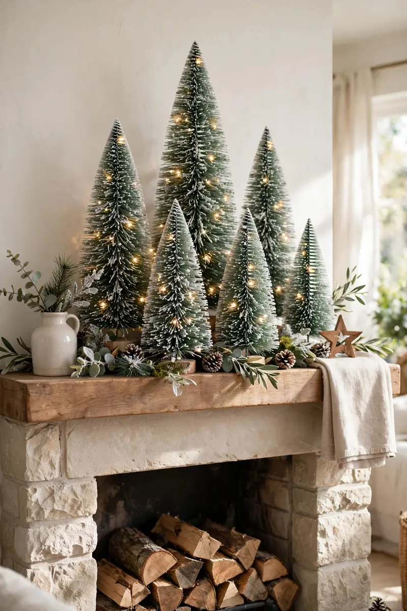 Small christmas tree decorating ideas — Bottlebrush forest on a mantel
