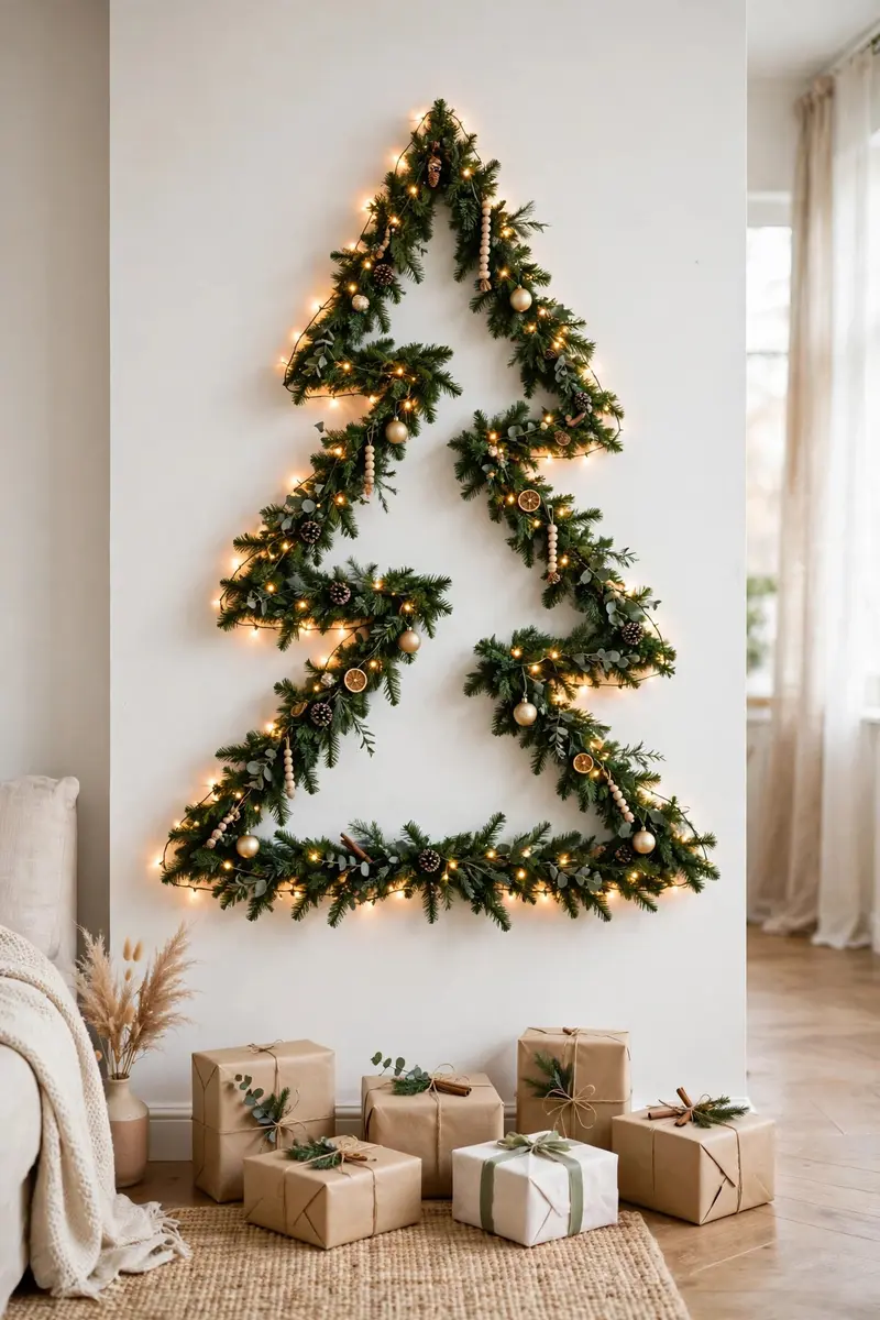 Small christmas tree decorating ideas — Wall-mounted flat tree