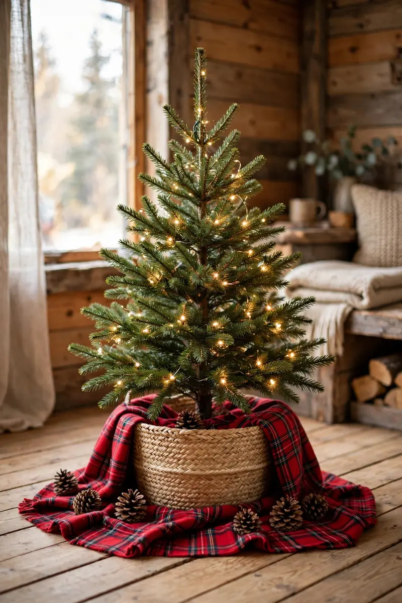 Small christmas tree decorating ideas — Tree in a woven basket with a plaid throw