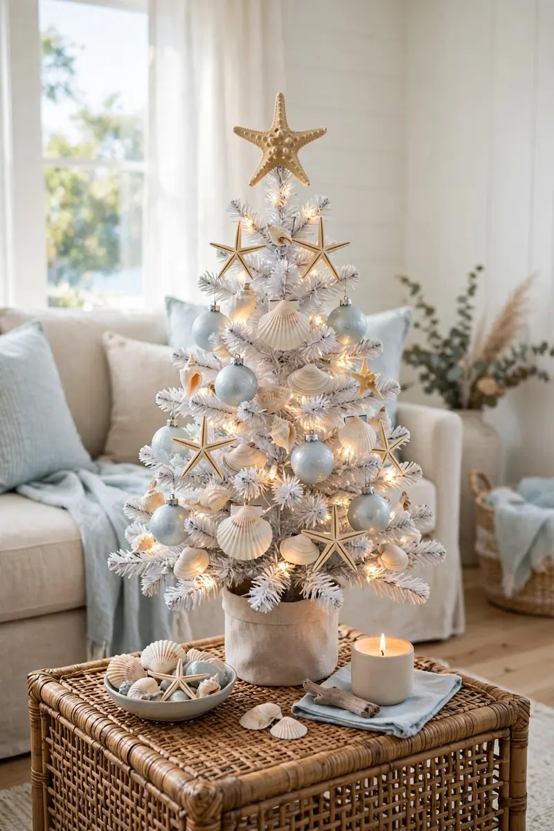 Small christmas tree decorating ideas — Coastal tree with shells and driftwood