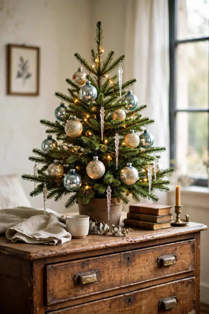 Small christmas tree decorating ideas — Vintage glass ornament tree
