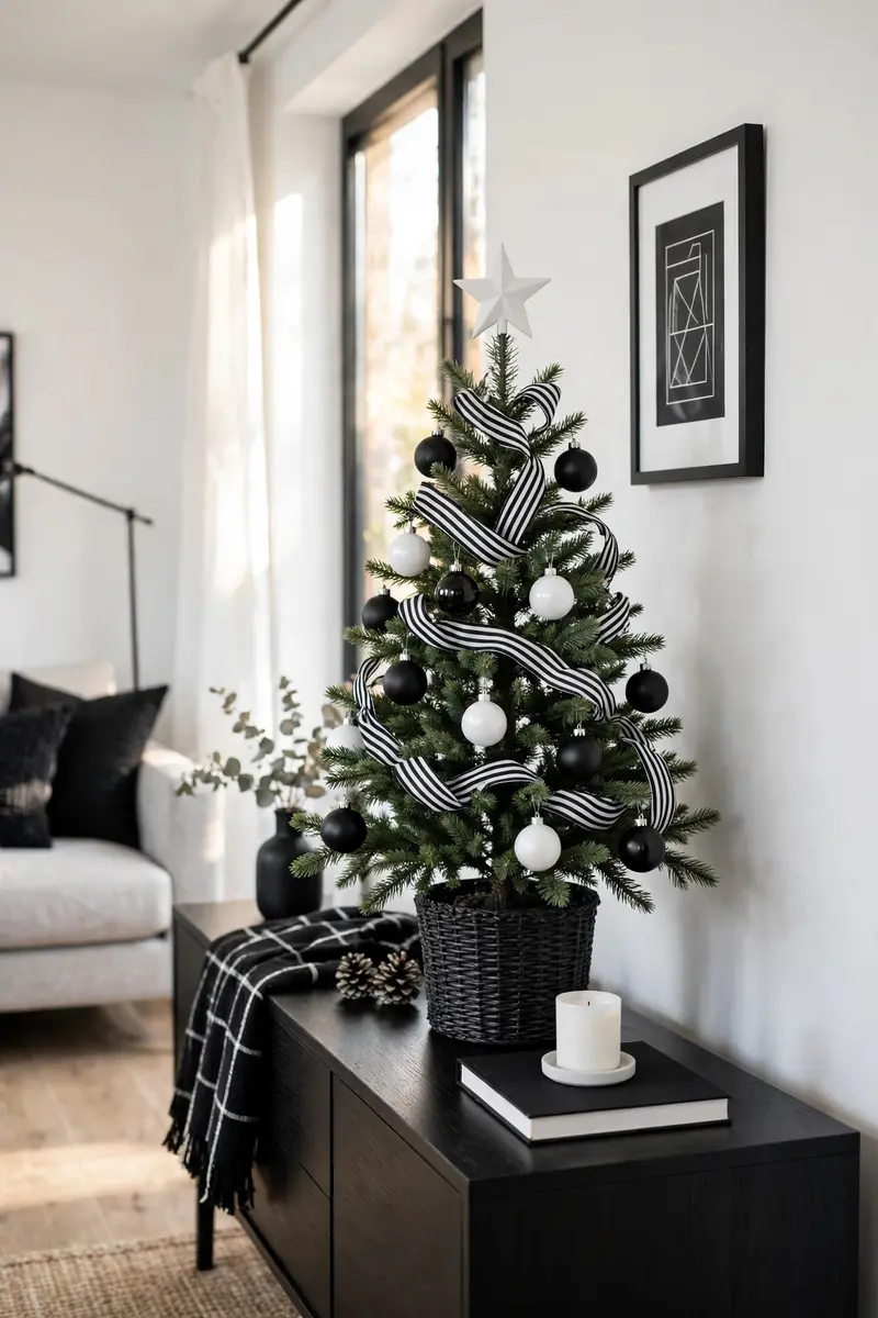 Small christmas tree decorating ideas — Monochrome black and white tree