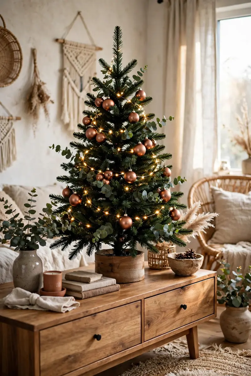 Small christmas tree decorating ideas — Green and copper modern tree