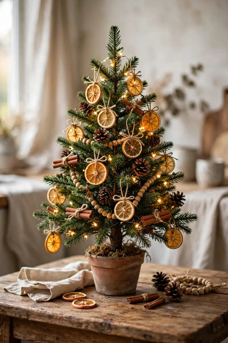 Small christmas tree decorating ideas — Nature tree with dried citrus and cinnamon