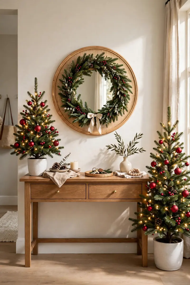 Small christmas tree decorating ideas — Entryway console tree pair