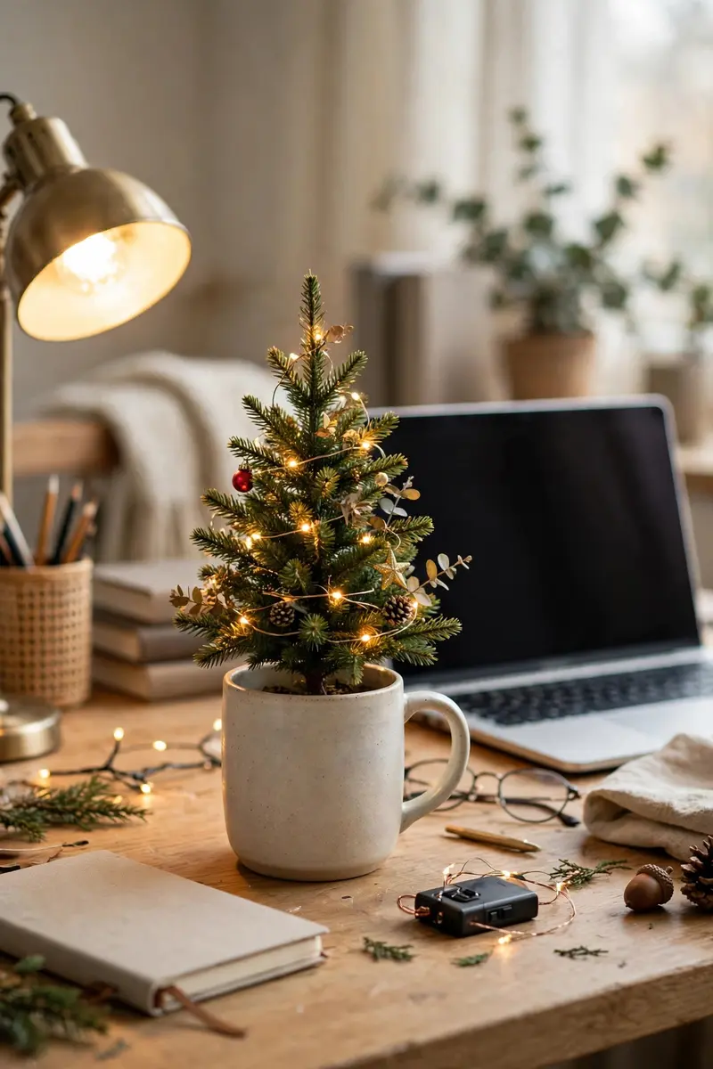 Small christmas tree decorating ideas — Office desk mini tree