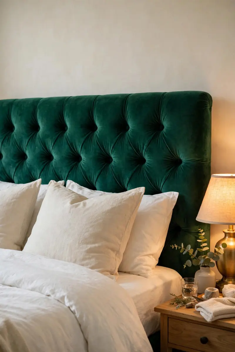 Green aesthetic bedroom ideas — Green Velvet Headboard