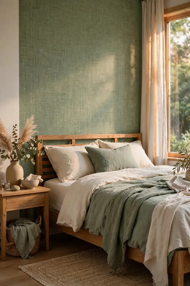 Green aesthetic bedroom ideas — Grasscloth Textured Wallpaper