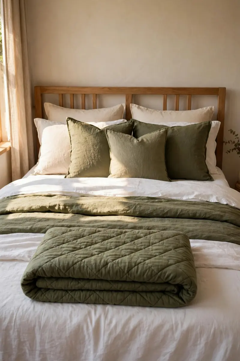 Green aesthetic bedroom ideas — Olive Green Bedding Layers