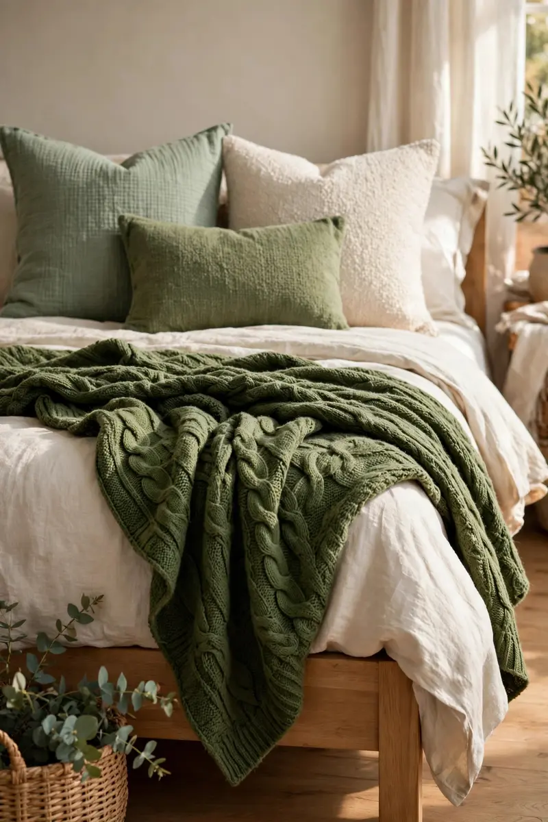 Green aesthetic bedroom ideas — Moss Green Throws and Pillows