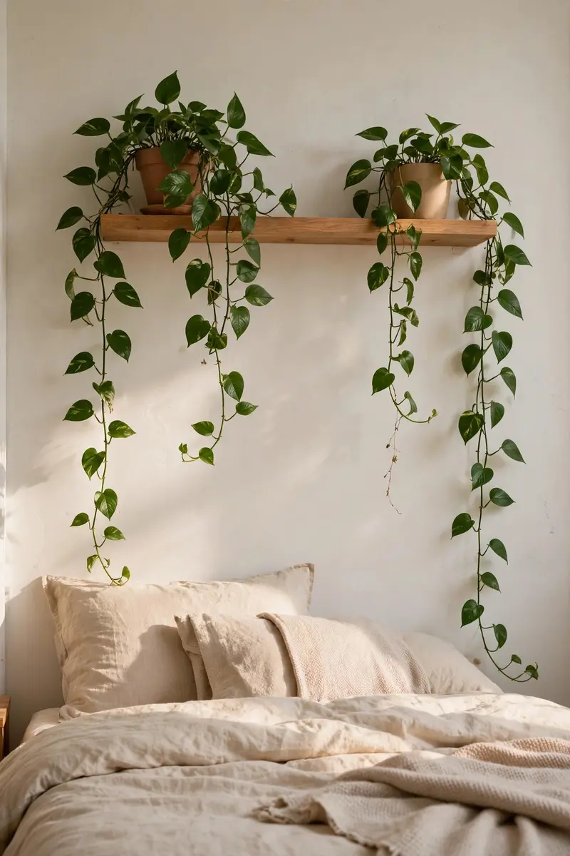 Green aesthetic bedroom ideas — Trailing Pothos Shelf