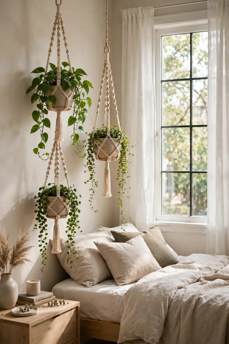 Green aesthetic bedroom ideas — Hanging Planters by the Window