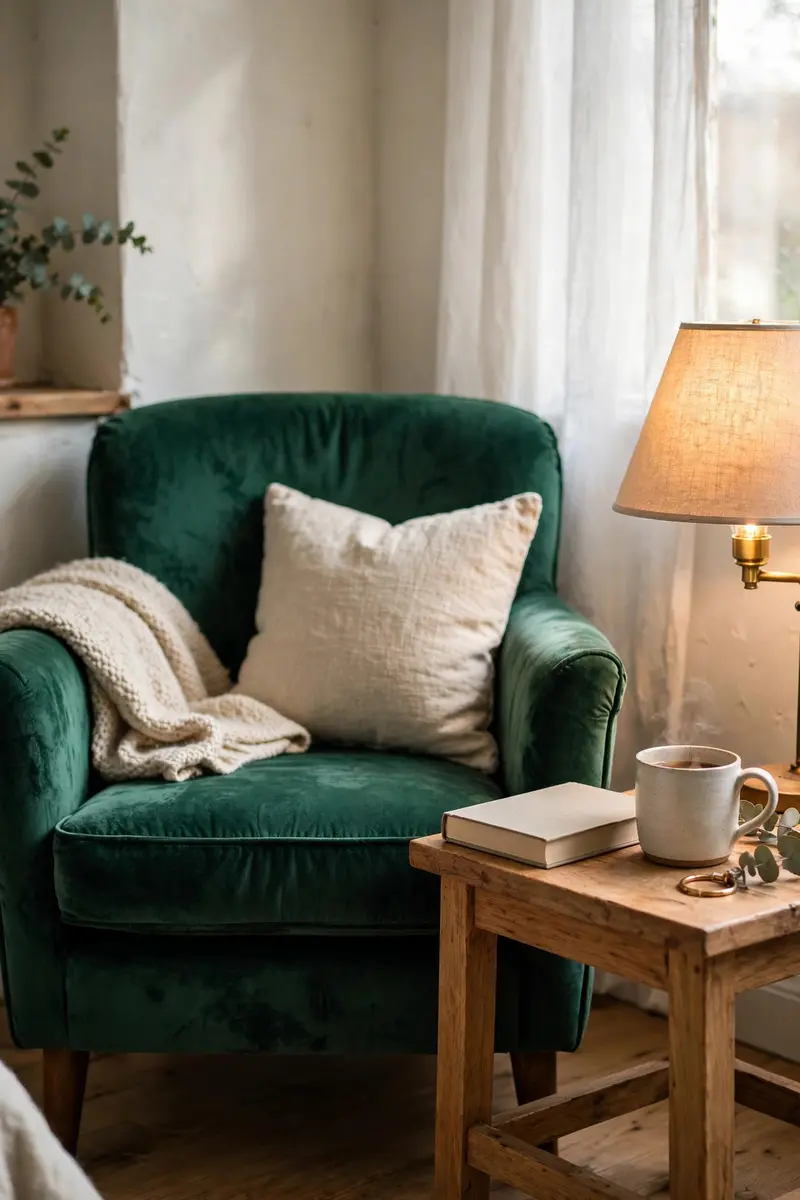 Green aesthetic bedroom ideas — Green Velvet Reading Chair Nook