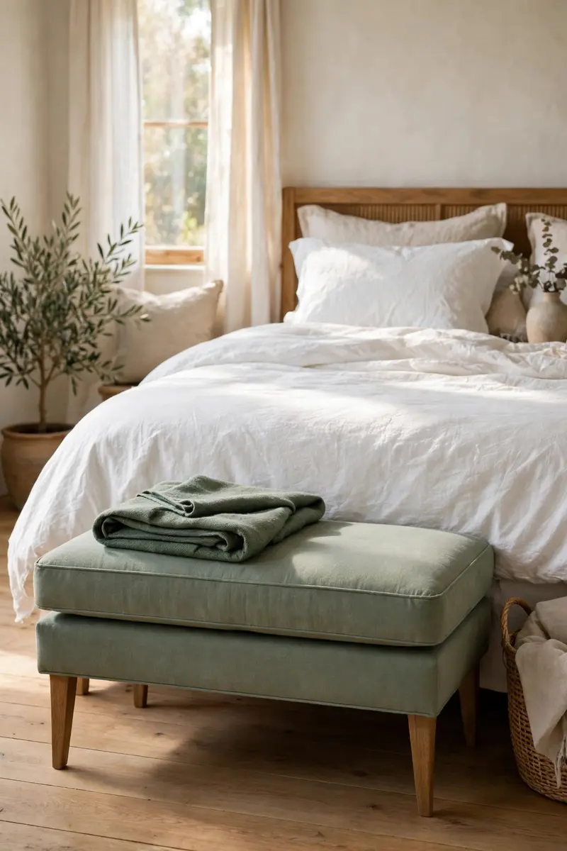 Green aesthetic bedroom ideas — Green Upholstered Bench at the Foot of the Bed