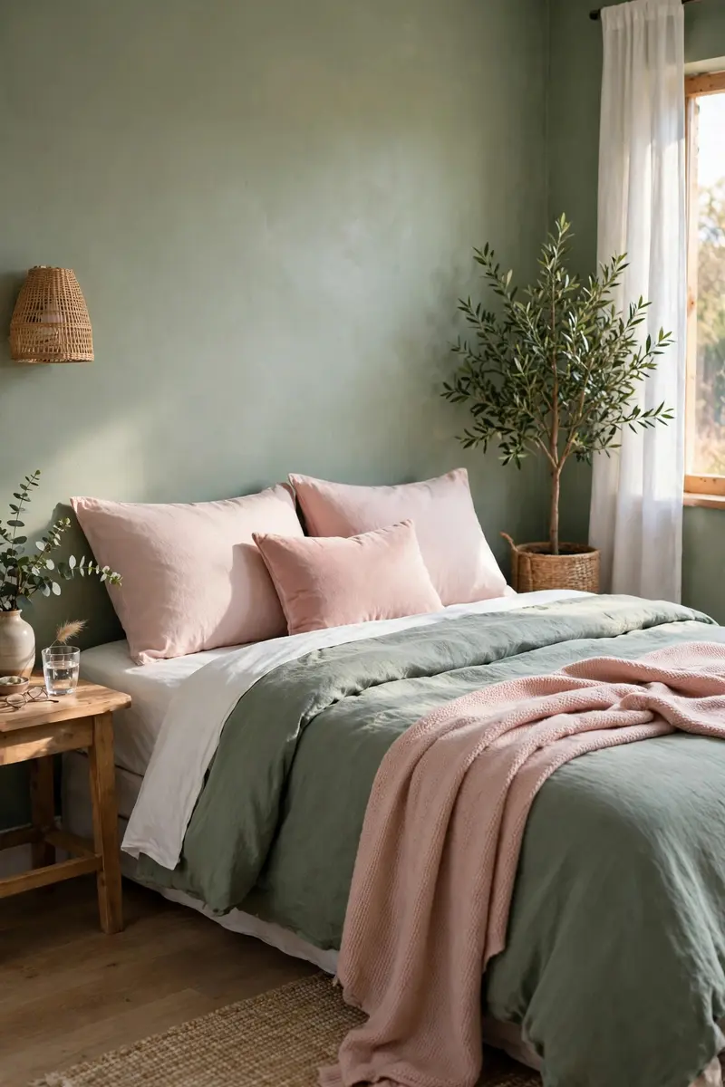 Green aesthetic bedroom ideas — Green and Blush Pink Pairing