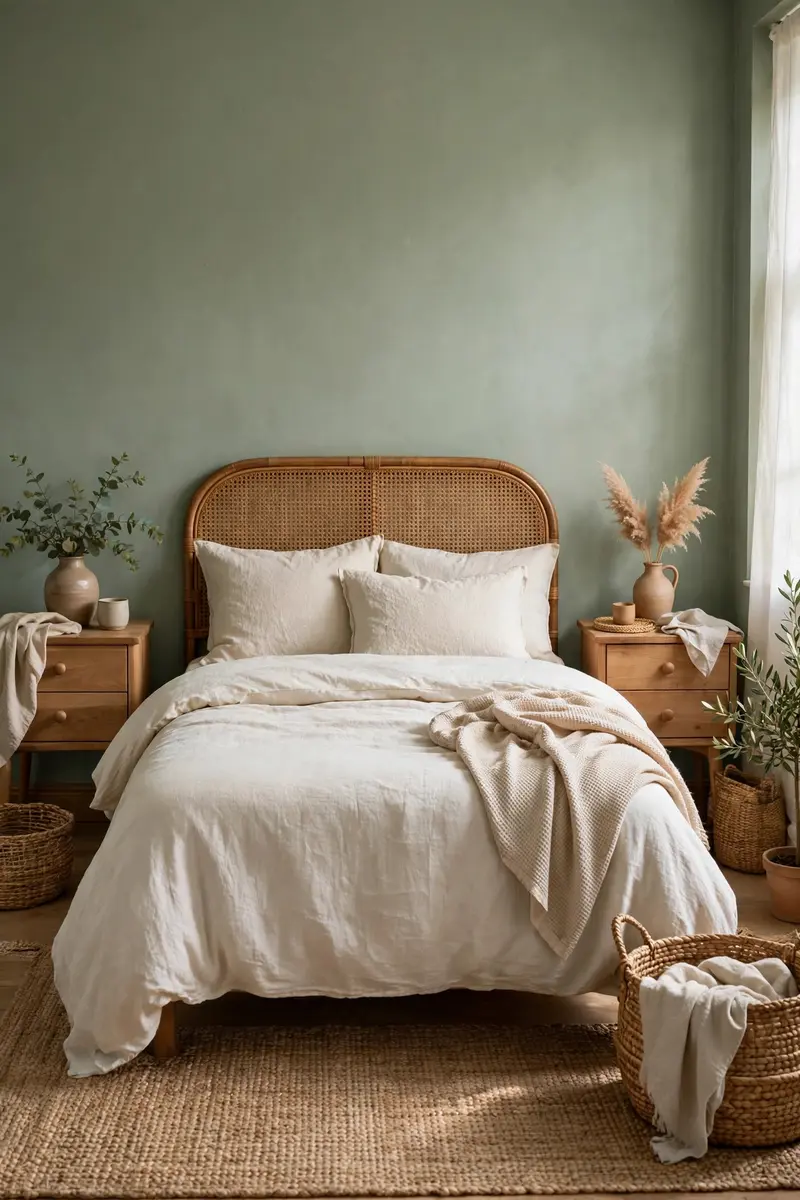 Green aesthetic bedroom ideas — Green with Wood and Rattan Naturals