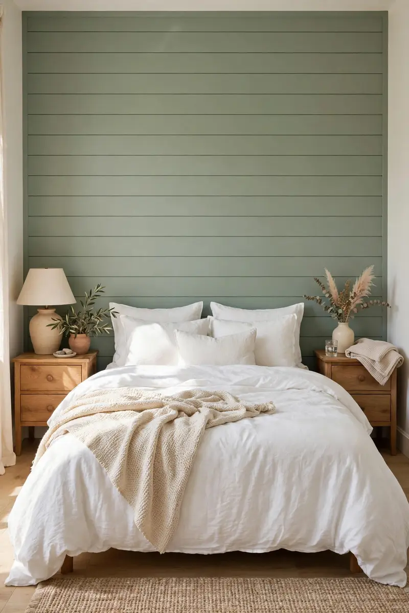 Green aesthetic bedroom ideas — Sage Shiplap Panel Wall