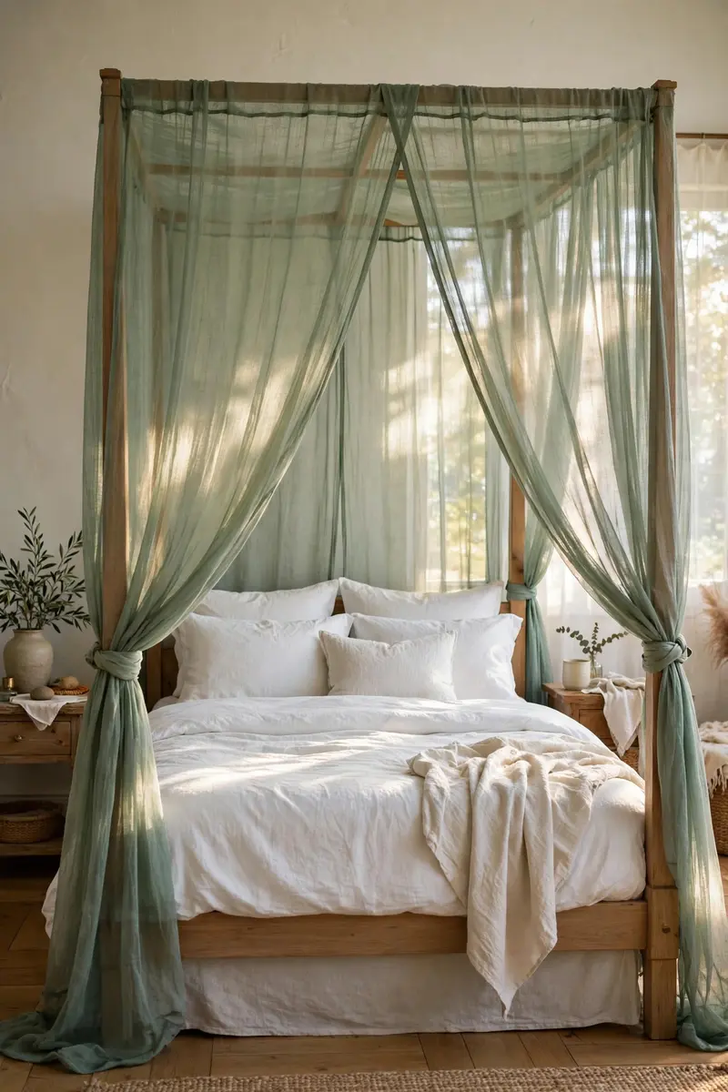 Green aesthetic bedroom ideas — Green Canopy Drapes on a Four-Poster Bed