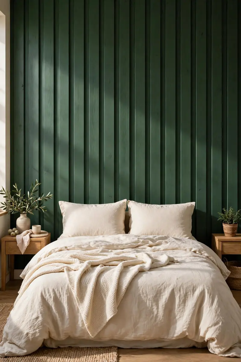 Green aesthetic bedroom ideas — Wood-Slat Green Accent Wall