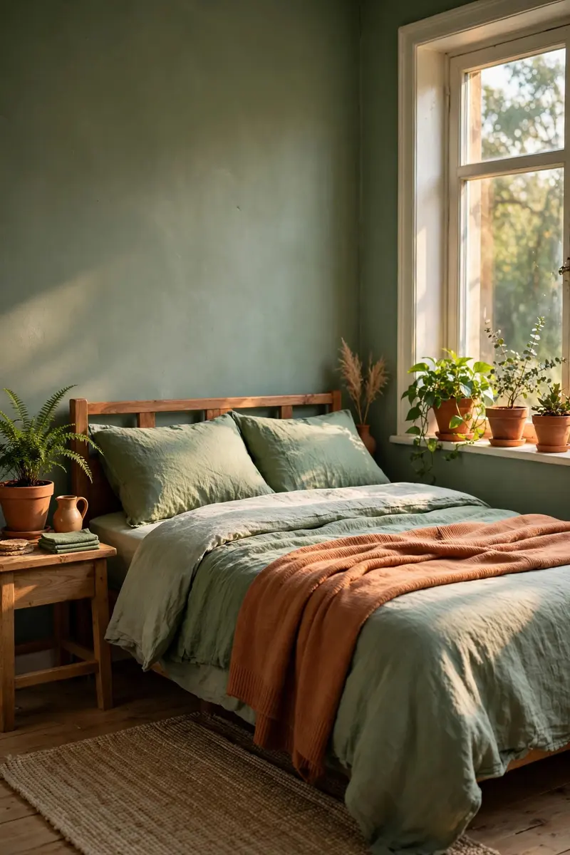 Green aesthetic bedroom ideas — Green and Terracotta Pairing