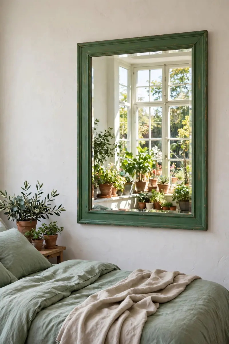 Green aesthetic bedroom ideas — Green Mirror and Wall Decor