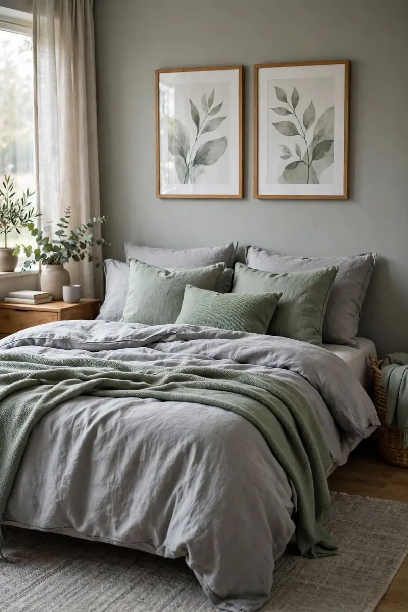 Green aesthetic bedroom ideas — Green and Grey Serene Pairing