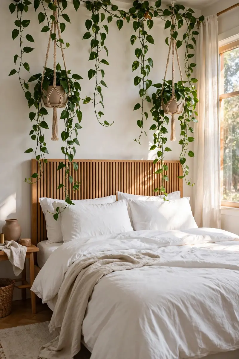 Greenery bedroom ideas with trailing pothos vines above a bed headboard