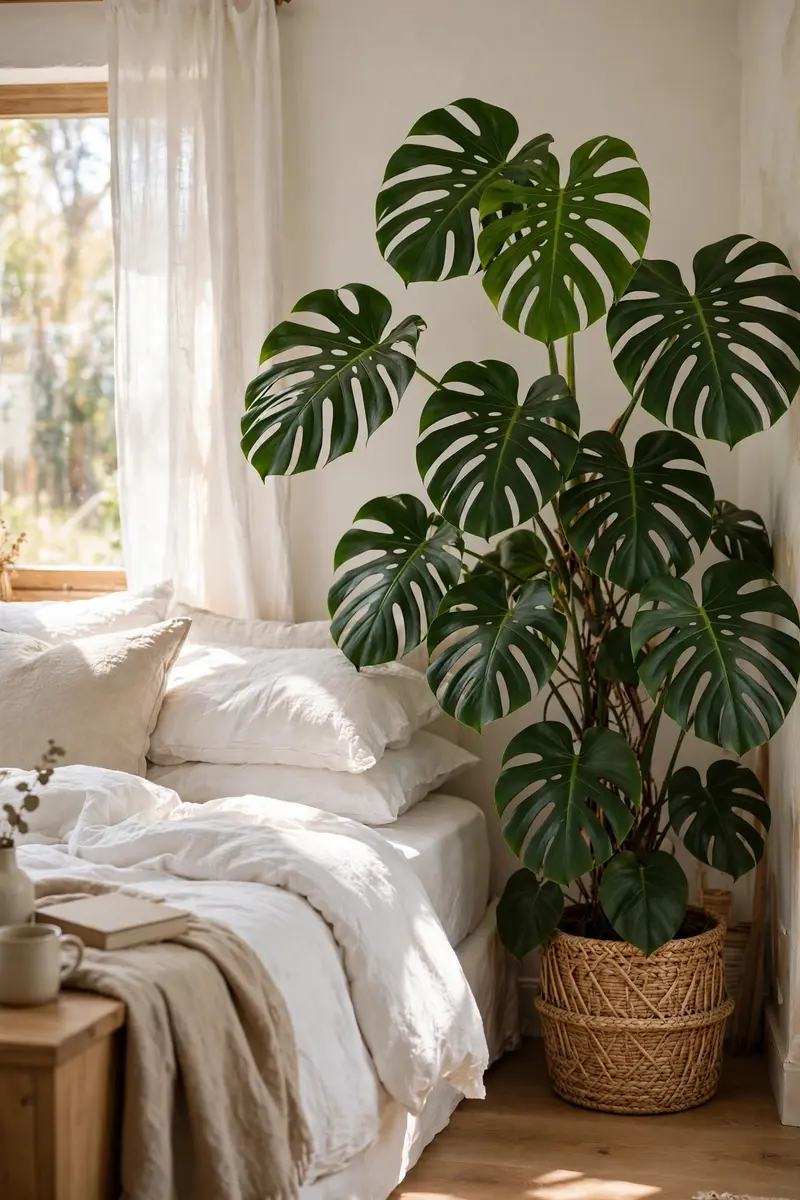 Greenery bedroom ideas featuring a large monstera plant in a woven basket corner