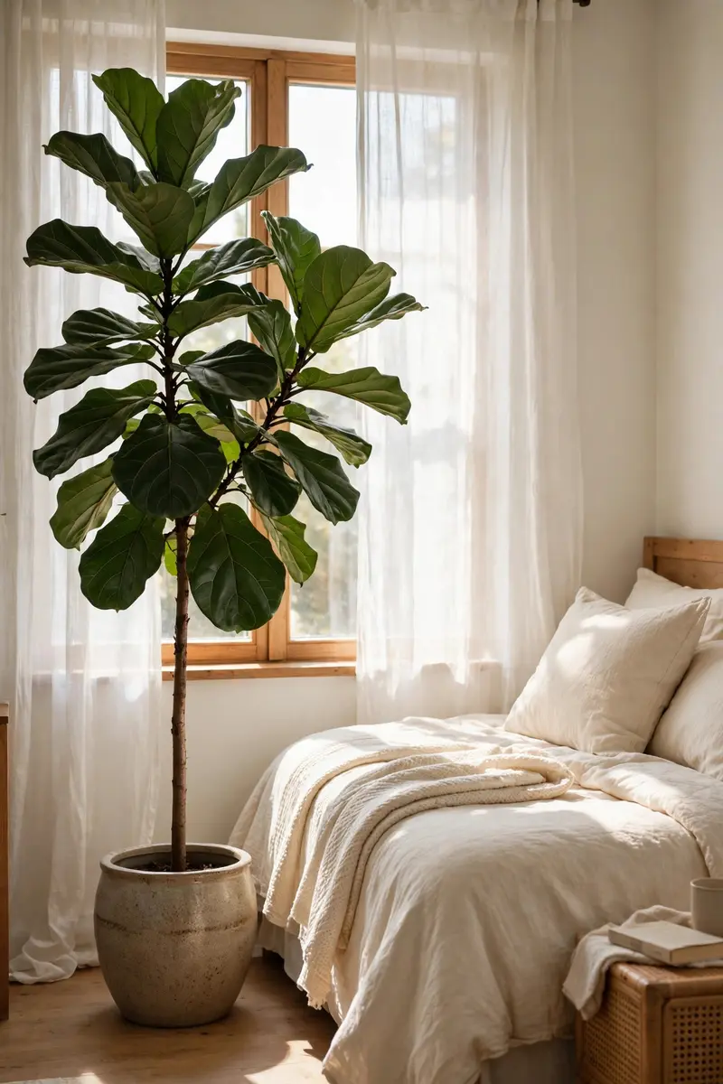 Greenery bedroom ideas with a tall fiddle-leaf fig beside a bright bedroom window