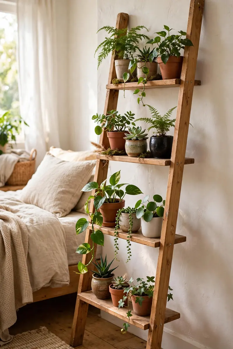 Leaning ladder shelf filled with small potted plants in a bright bedroom