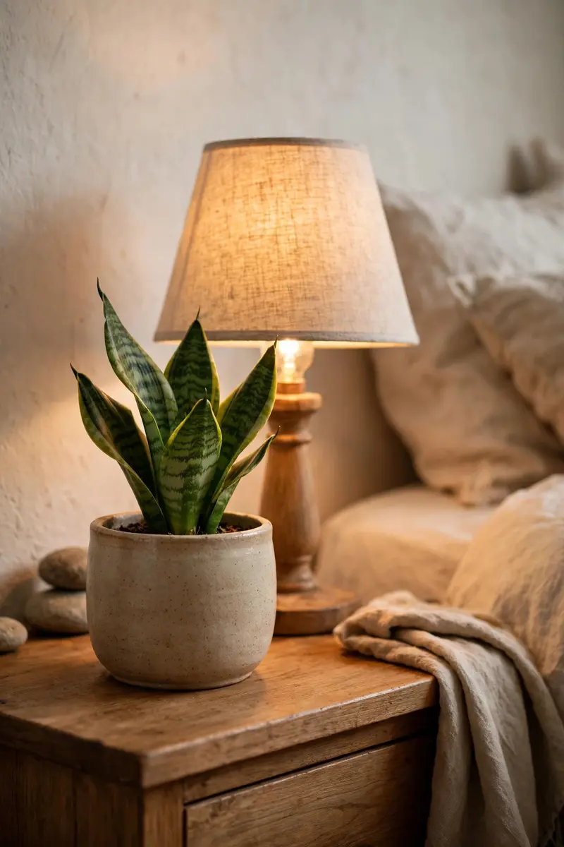 Small snake plant on a bedroom nightstand beside a lamp