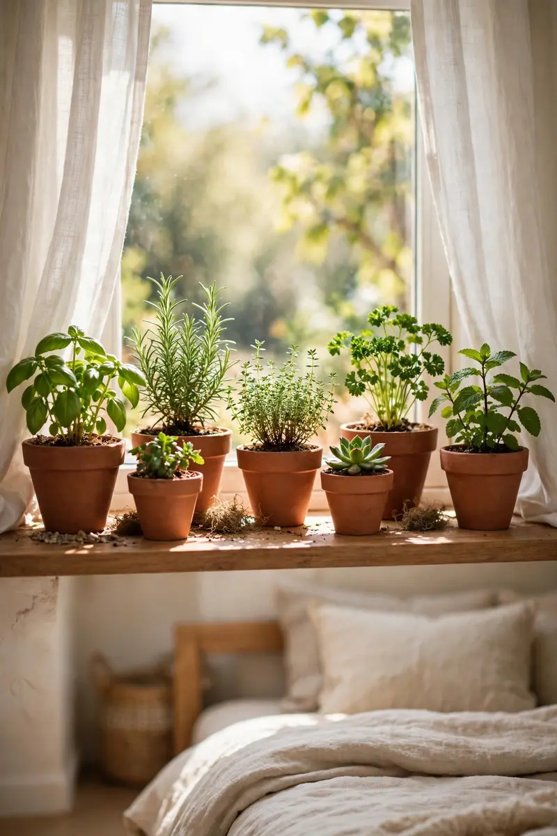 Sunny bedroom windowsill lined with small potted plants and herbs