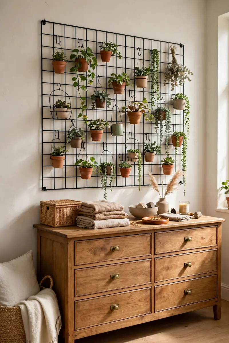 Wall grid panel covered with small potted plants above a bedroom dresser