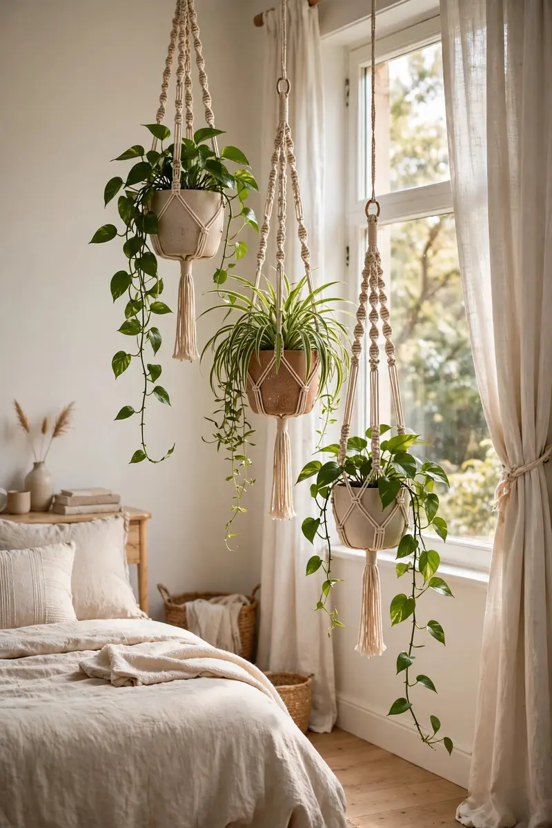 Three macrame hanging planters with trailing plants at staggered heights
