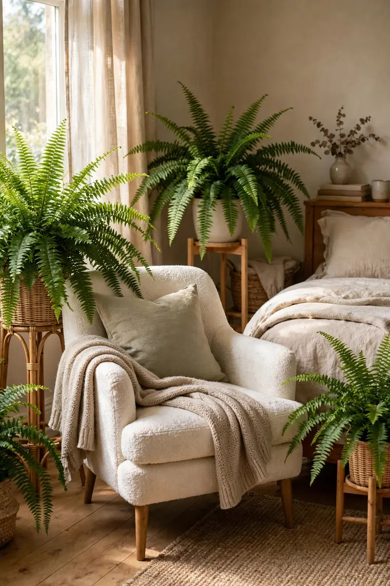 Cozy bedroom reading chair surrounded by lush Boston ferns