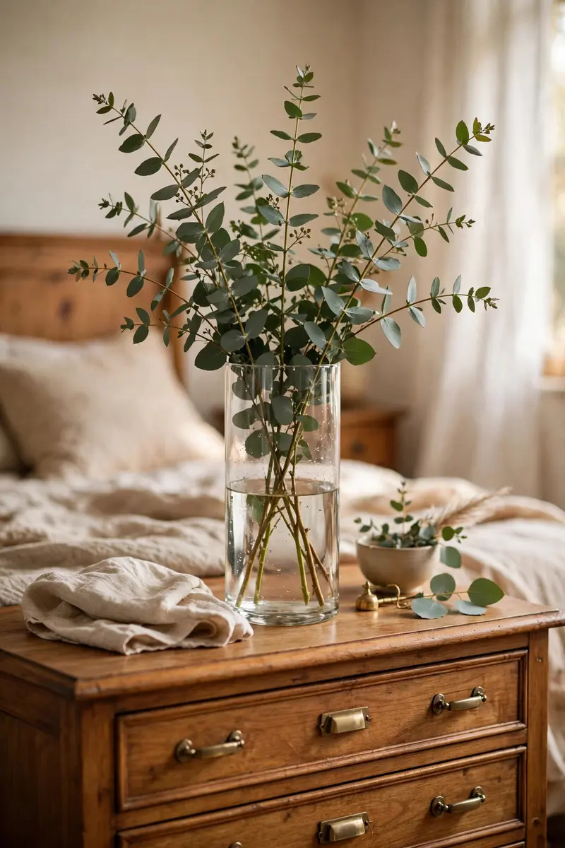 Fresh eucalyptus stems in a tall vase on a bedroom dresser