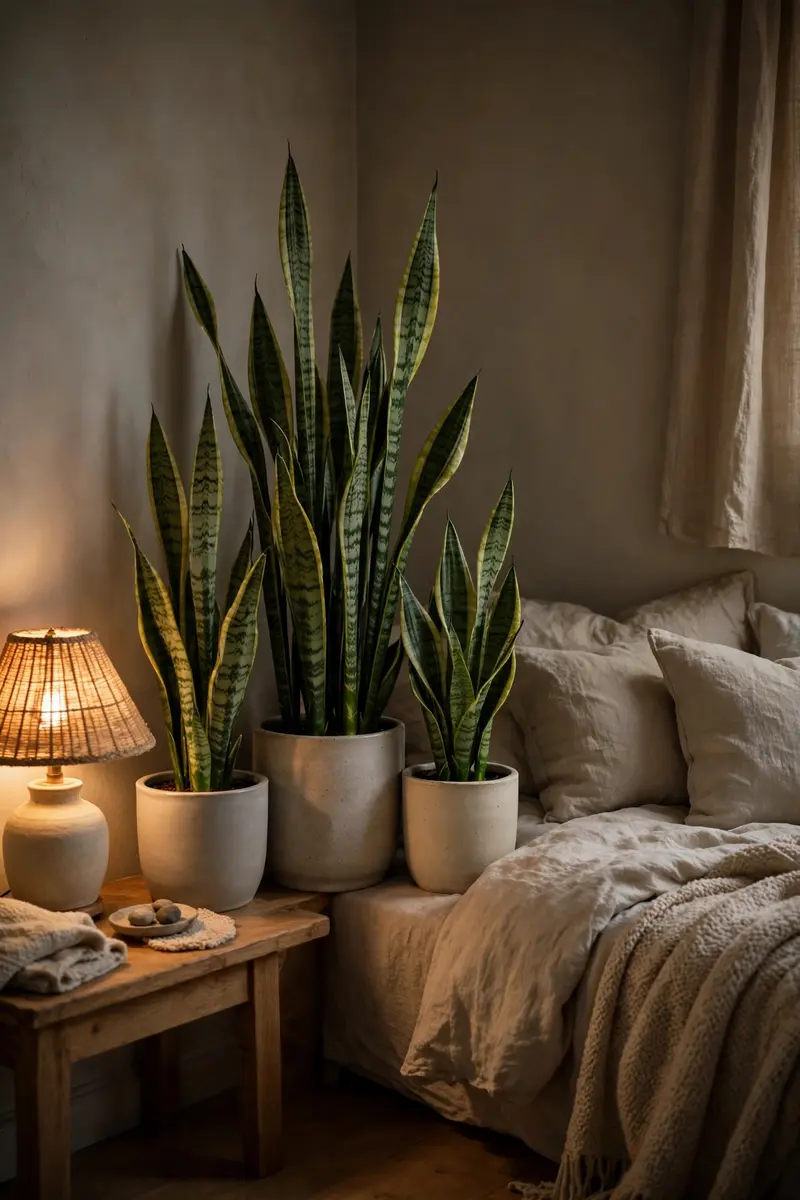 Tall snake plants in simple pots in a dark bedroom corner