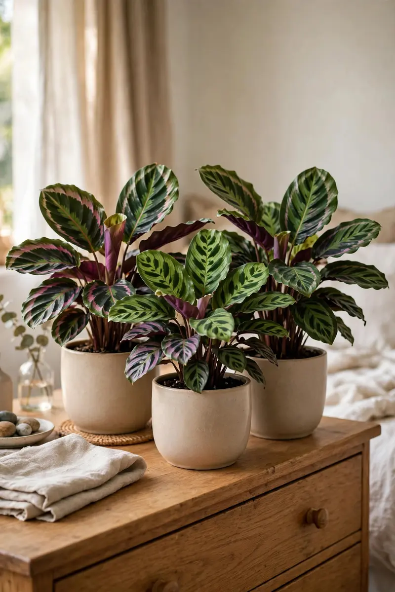 Collection of patterned calathea plants on a bedroom dresser