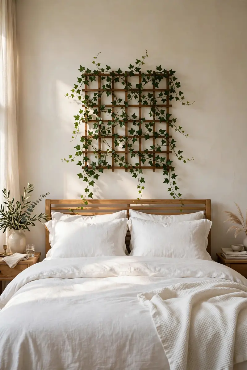 English ivy trained on a small trellis behind a bedroom headboard