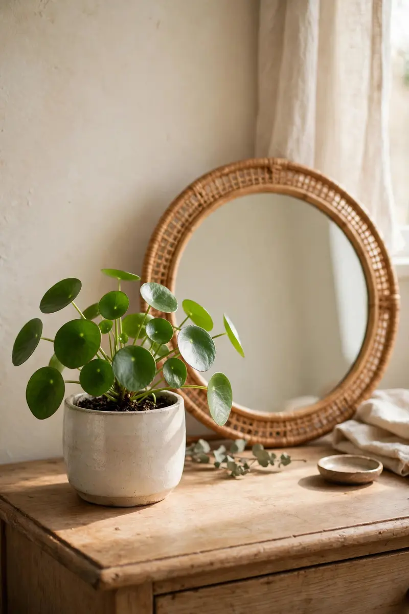 Small pilea plant beside a mirror on a bedroom vanity table