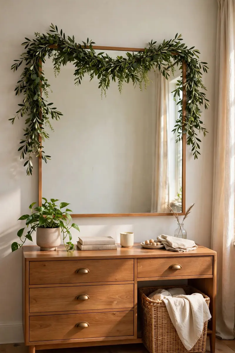 Leafy greenery garland draped over a bedroom mirror
